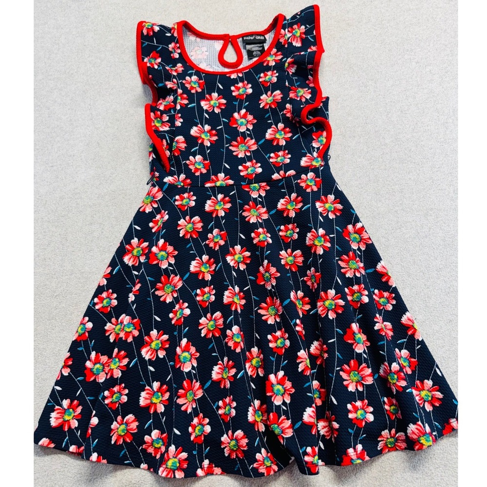 Paper Doll Girls Size 7 Floral Dress Navy Red Ruffle Sleeve Fit & Flare Girly
